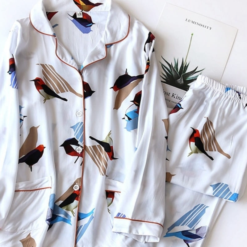 Pyjama Satin Femme Imprimé Oiseaux.
