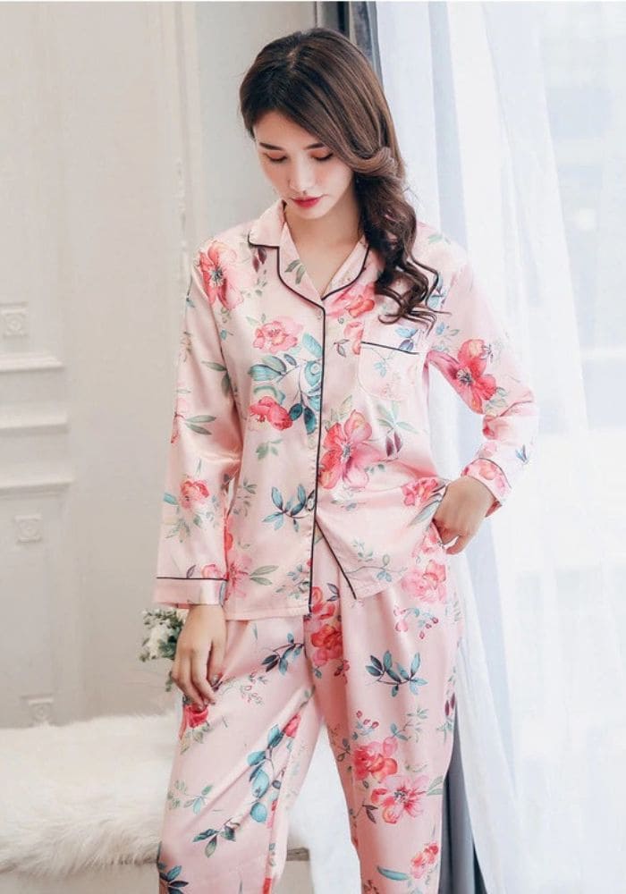 Pyjama Satin Fleuri Rose