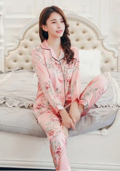 Pyjama Satin Fleuri Rose