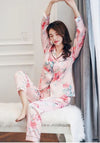 Pyjama Satin Fleuri Rose Clair
