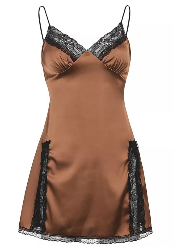 Robe Satin Dentelle marron