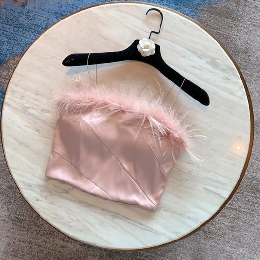 Crop Top Satin Bustier À Plumes.