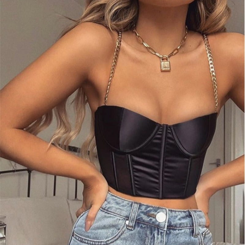 Crop Top Satin Noir Chaînes.