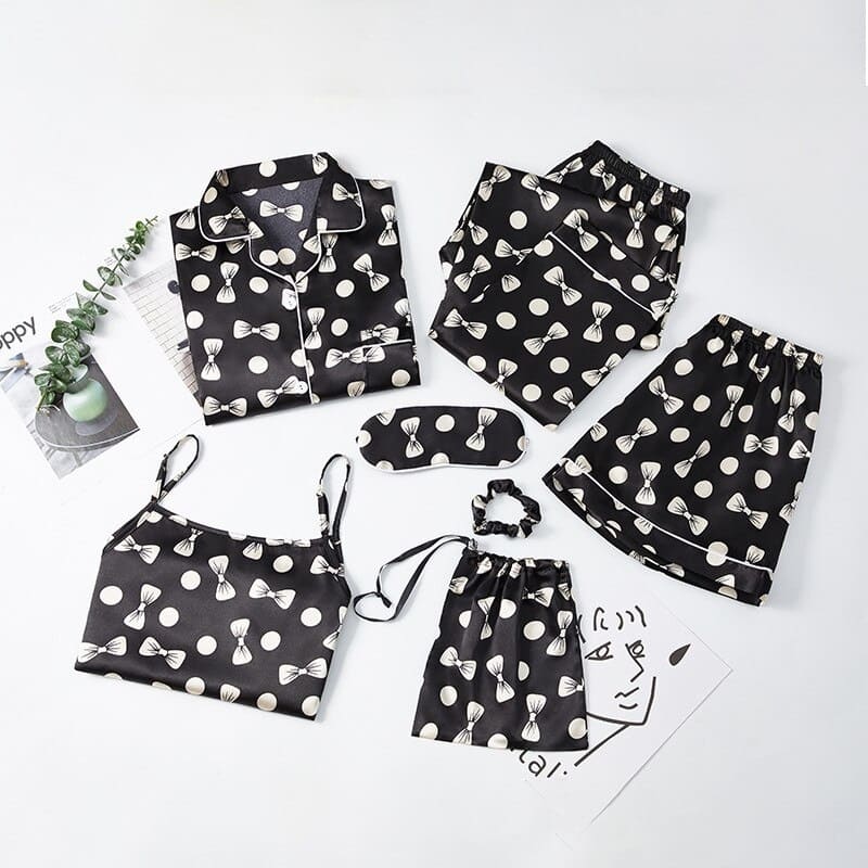 Ensemble Pyjama Satin Noir Noeud.