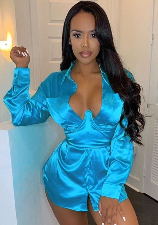 Robe Chemise Satin Bleue