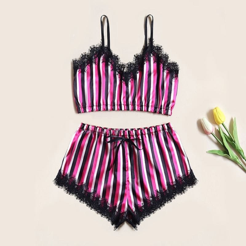 Pyjama Satin Rayé Rose Noir.