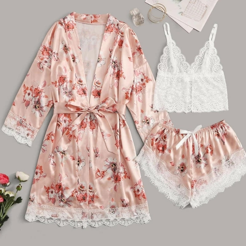 Ensemble Pyjama Satin Rose Floral.