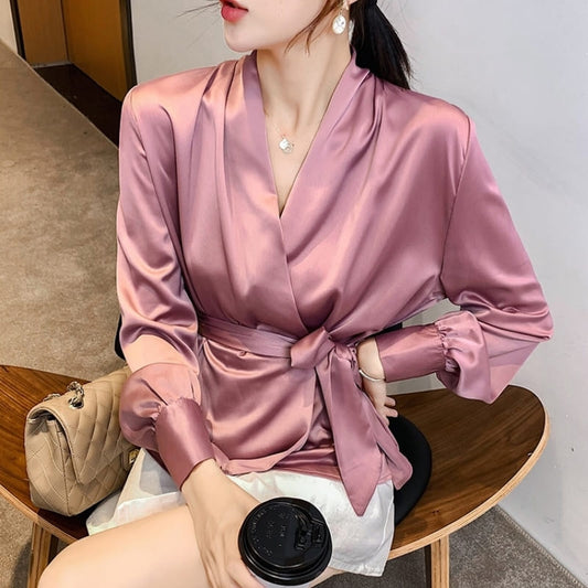 Blouse Satin Rose À Noeud.