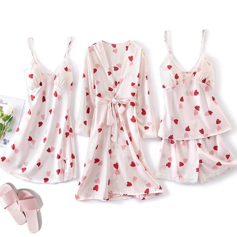 Ensemble Pyjama Satin Rose Coeur.