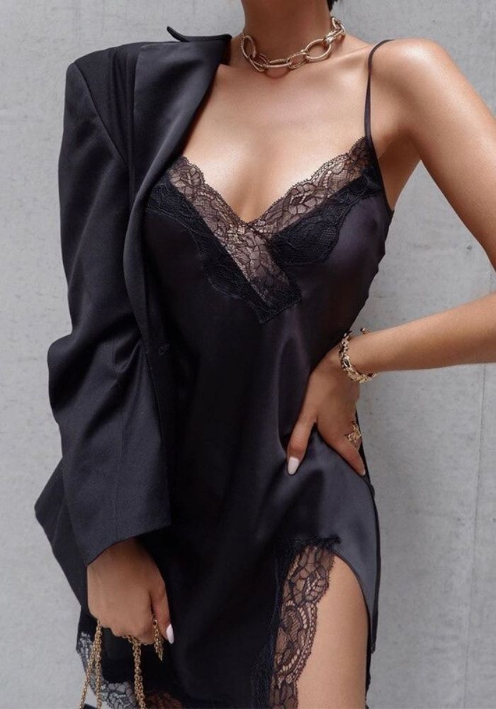 Robe Satin Dentelle Noire