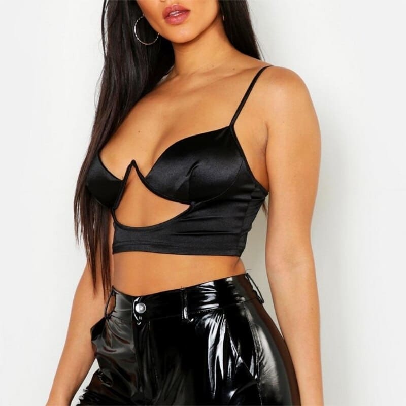Crop Top Satin Noir Bikini.