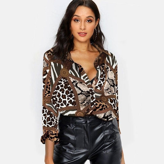 Chemisier Satin Imprimé Animal Marron.