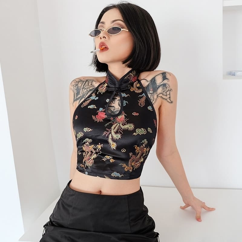 Crop Top Satin Noir Chinois.