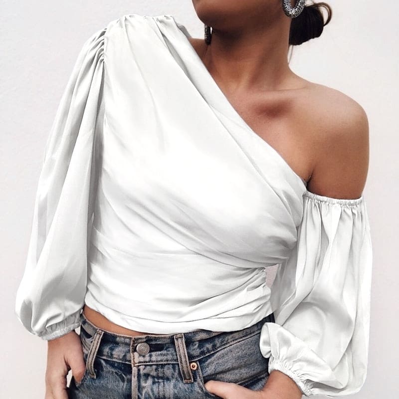 Blouse Satin Blanc Asymétrique.