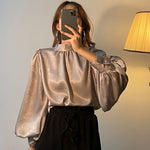 Blouse Satin Beige Manches Bouffantes - Vignette | Création Satin