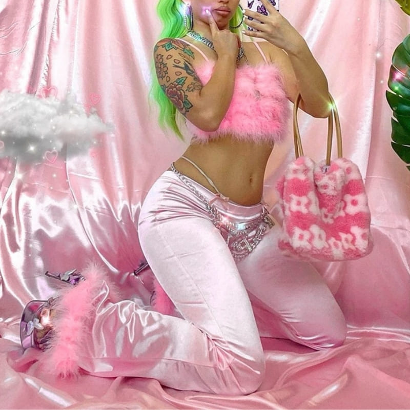 Pantalon Satin Rose Plumes.