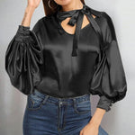 Blouse Satin Noir Femme À Noeud - Vignette | Création Satin