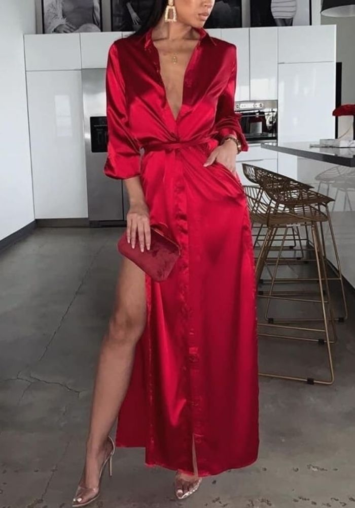 Robe Chemise Satin Rouge