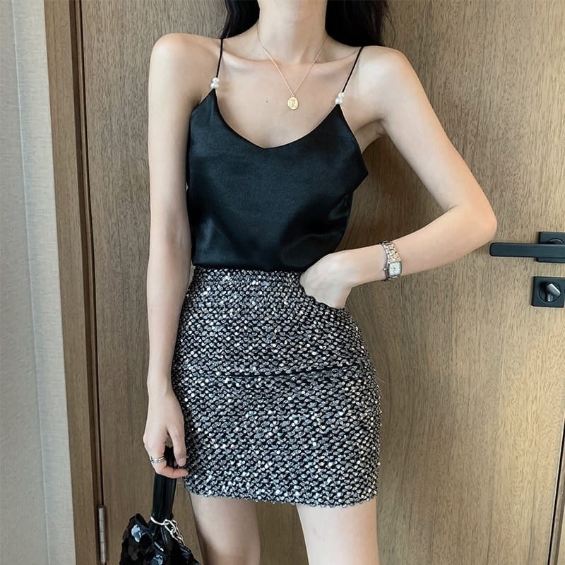 Débardeur Satin Noir Perles.