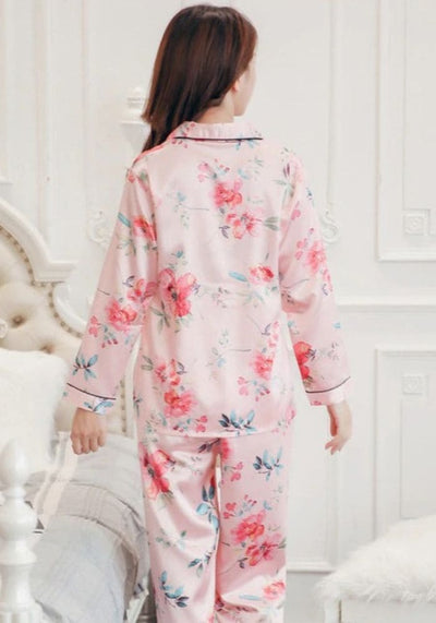 Pyjama Satin Fleuri Rose Pale