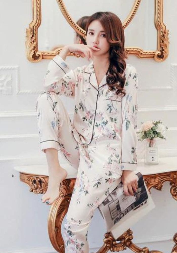 Pyjama Satin Femme Beige