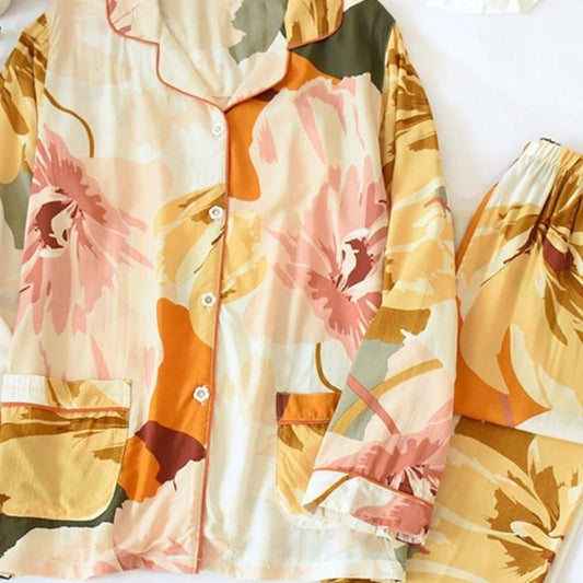 Pyjama Fleuri Satin Pour Femme Jaune.