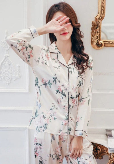 Pyjama Satin Femme Beige Floral