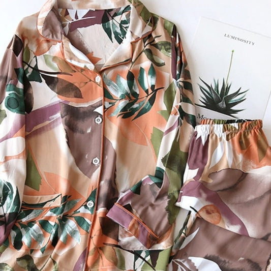 Pyjama Satin Imprimé Fleuri Multicolore.