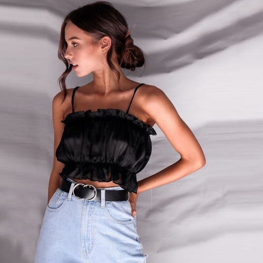 Crop Top Satin Noir Effet Bouffant