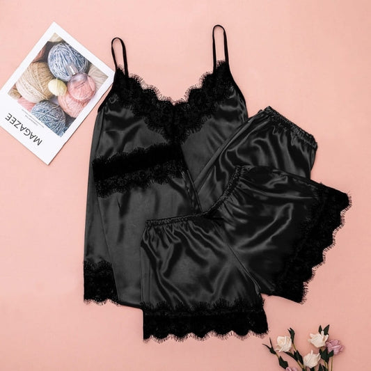 Ensemble Pyjama Court Satin Couleur Noir.
