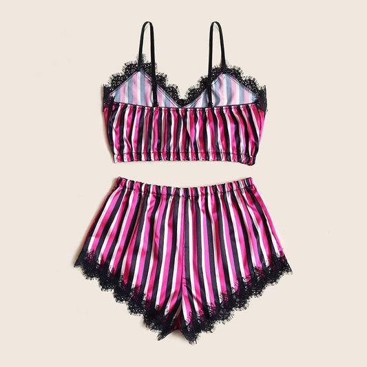 Pyjama Satin Imprimé Rayé Rose Noir.