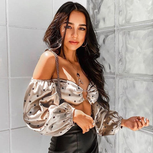 Crop Top Satin À Pois Noirs.