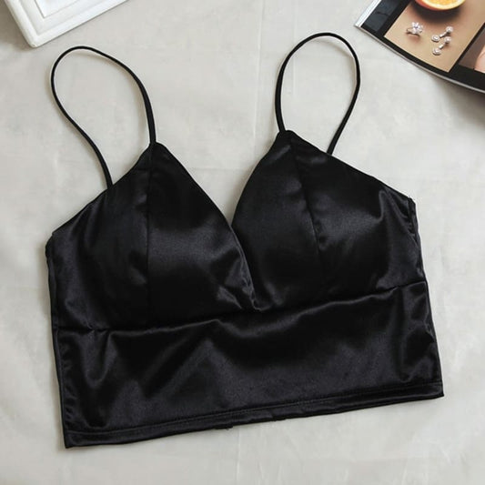 Crop Top Satin Noir Uni Décolleté.