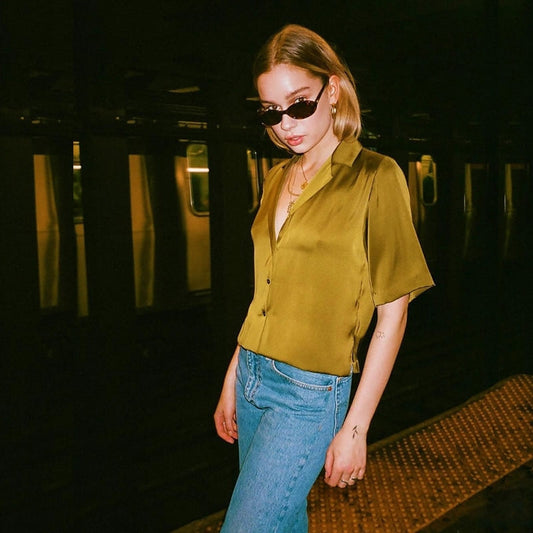 Chemisier Satin Vert Casual Femme.