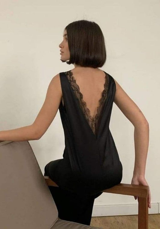 Robe Satin Mi Longue Noire dos nu