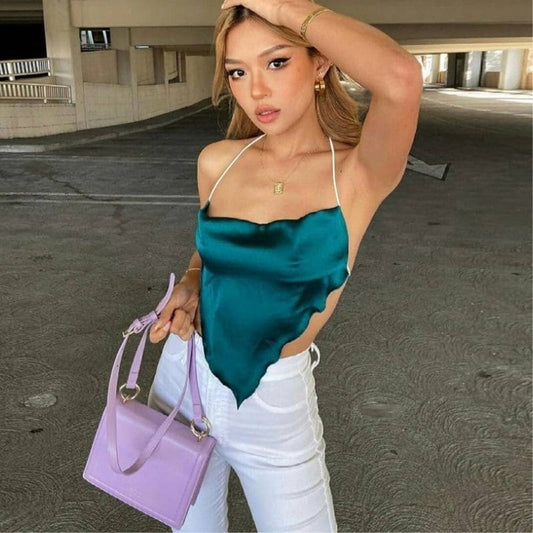 Crop Top Satin Bleu Turquoise