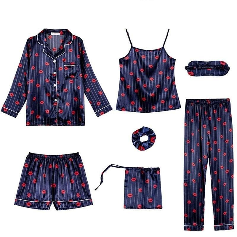 Ensemble Pyjama Satin Femme Bleu Marine Fleuri