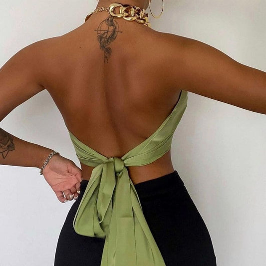 Crop Top en Satin Vert dos nu