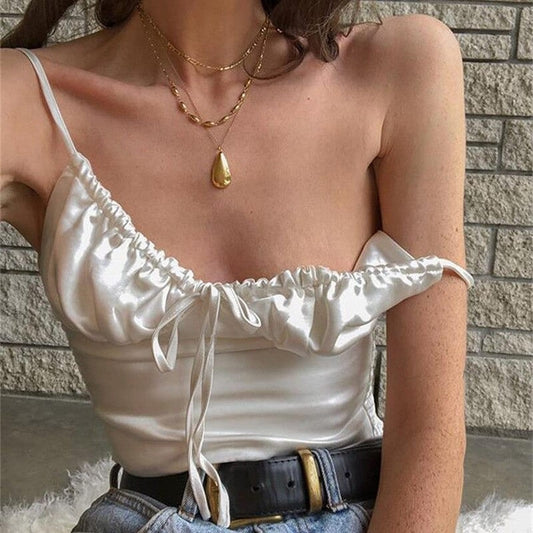Crop Top en Satin Blanc avec Fronces.