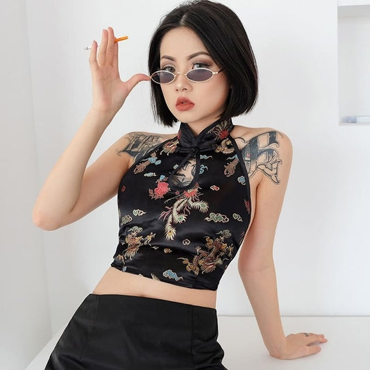 Crop Top Satin Noir Imprimé Chinois.