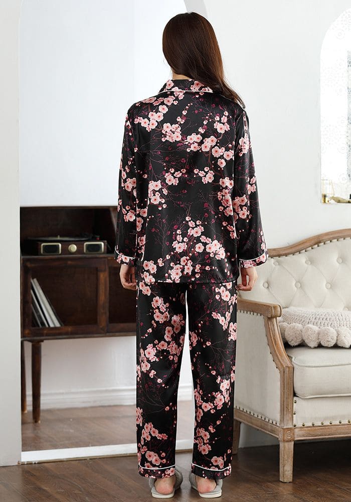 Caraco de pyjama en satin et dentelle noir - Glamour