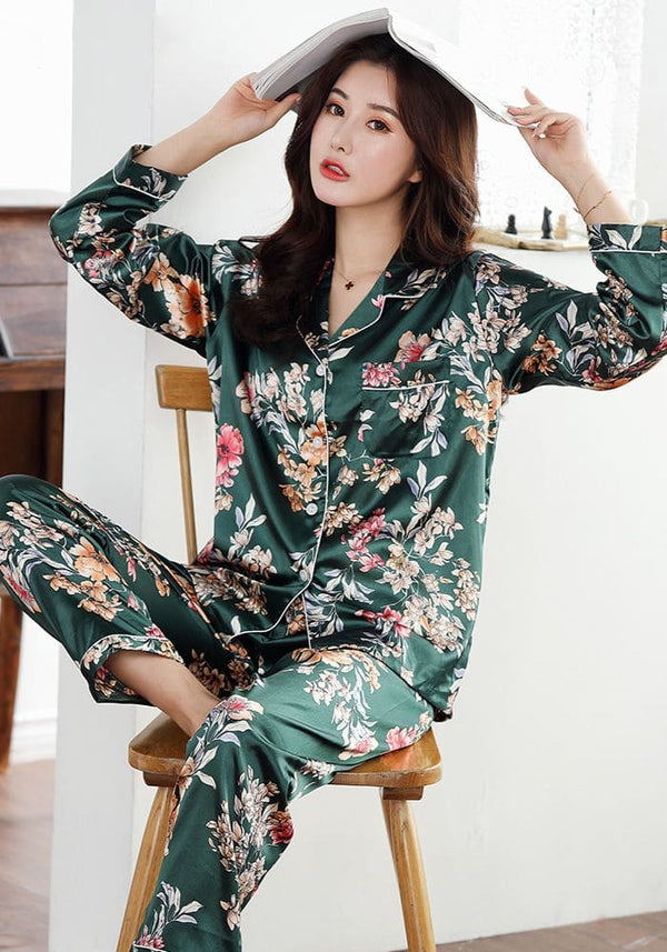 Pyjama femme satin fleurs japonaises - BECQUET CRÉATION