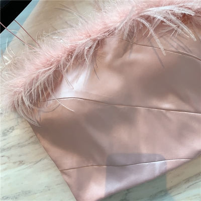 Crop Top Satin Bustier À Plumes Rose Poudré.