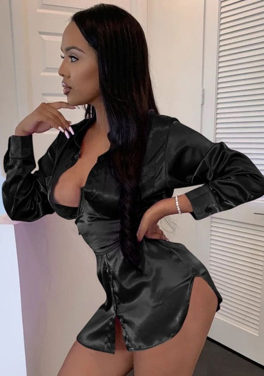 Robe Chemise Satin Noire Femme