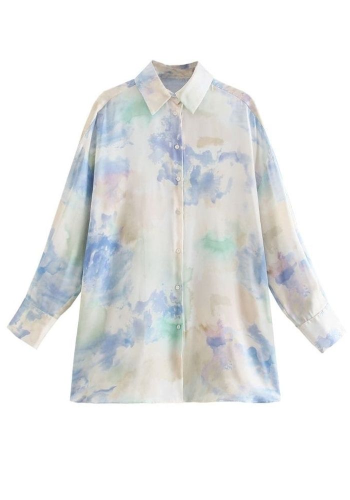 Chemisier Satin Bleu Imprimé vert