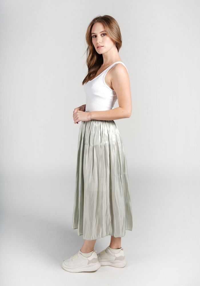 Jupe Satin Plissée Verte Longue