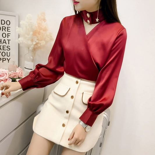 Blouse Satin Rouge Ras De Cou.