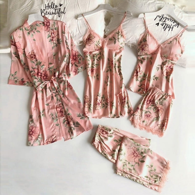 Ensemble Pyjama Satin Rose Fleuri.