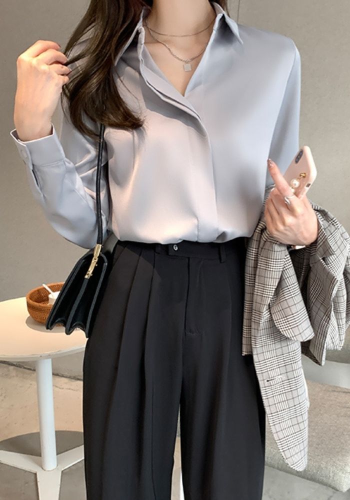 Soie Chemisier Femme Chic Satin Chemisier Satin Argent Création Satin