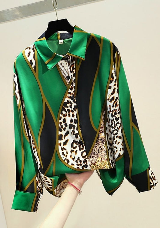Chemisier Satin Vert Imprimé